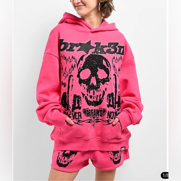 Broken Promises Faceless Pink Rhinestone Skull Hoodie & Shorts Set Size Medium - Picture 13 of 13